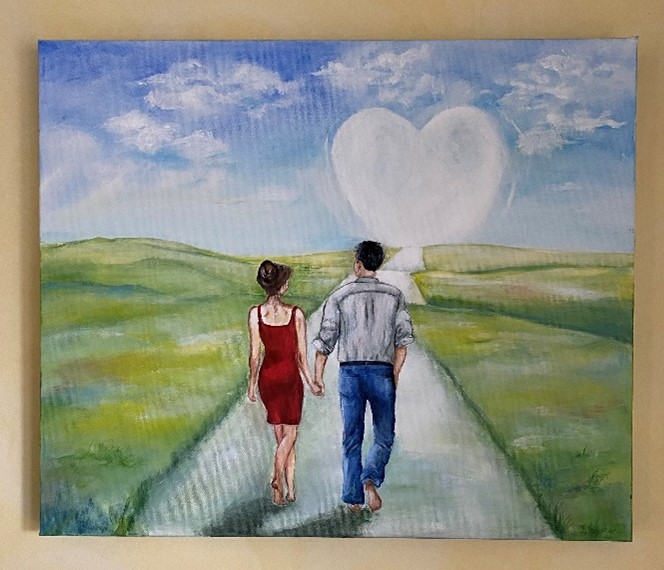 Gemälde „Herzensweg für Martina und Thomas“ von Ilona Stephan – ein Paar geht Hand in Hand einen Weg entlang auf ein Herz aus Wolken zu